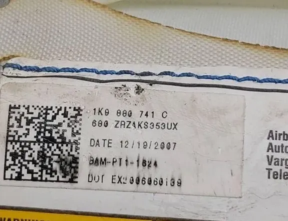 VOLKSWAGEN Golf 5 generation (2003-2009) Δεξιά πλευρική αερόσακος οροφής SRS ZRZHKSX53UX,1K9880741C 34318190